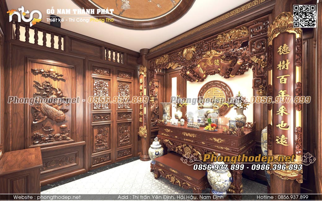 Thiết kế nội thất phòng thờ gỗ gõ đỏ pachy